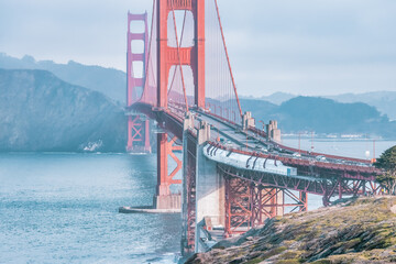 Close-up view of Golden Gate bridge, one of the world's most famous attractions, photographed from Vista Point. San Francisco city, California, USA.