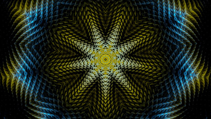 Fototapeta na wymiar Animated abstract technology background in futuristic cyberspace. Design. Colorful star shaped kaleidoscope.