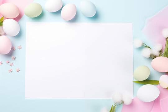 Empty card with easter eggs and flowers, on pastel background