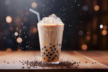 milk tea with boba on wooden table with blur background