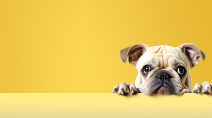 Bulldog peeking over pastel yellow bright background with paws , banner