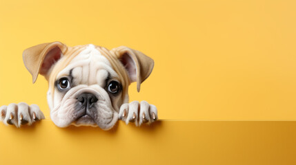 English bulldog puppy peeking over pastel bright background