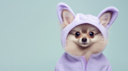 Fototapeta na wymiar Pomeranian in fashion hoody with bunny ears on top on mint background 