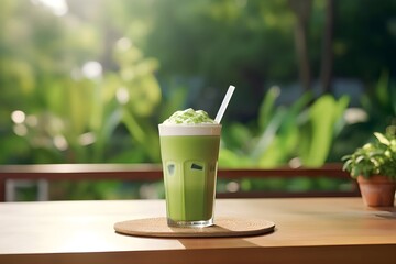 Green Tea Latte with Boba on Wood Table