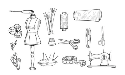 sewing equipment handdrawn illustration engraving