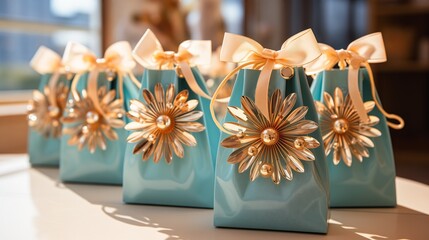 four bags gold flowers table light blue product glistening seafoam pearls avoid duplicate flower shop scene pouches shinning stars - obrazy, fototapety, plakaty