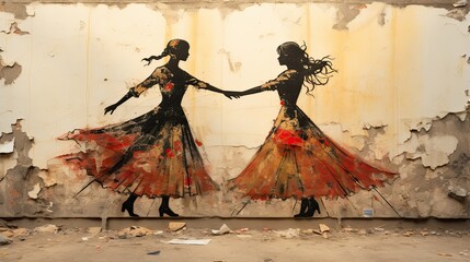 Graffiti of Two Women Dancing on a Concrete Wall - obrazy, fototapety, plakaty