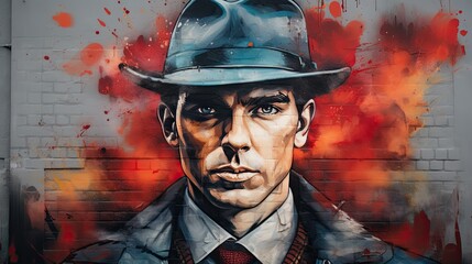 Graffiti of a man with a flat cap on a concrete wall - obrazy, fototapety, plakaty