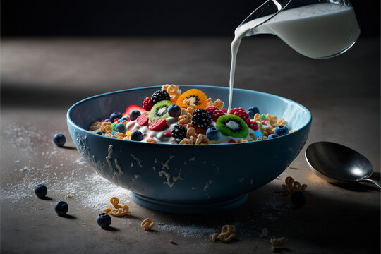 Homemade yogurt with raspberries, strawberries, and other berries. Beautiful dishes. Dark background. Homemade food. Vegetarian food.