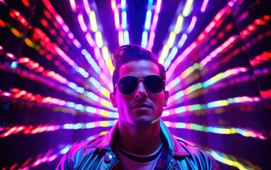 Man in colorful glasses inside a glowing neon tunnel, in the style of pop art