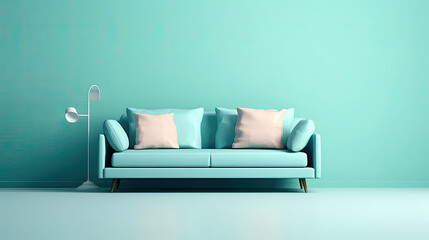 Soft blue sofa on blue background, 3D illustration, generated image. Modern minimalistic living room interior detail. Cosiness, social media and sale concept, creative advertisement idea 