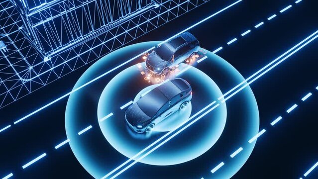 Autonomous driving system, sensors for object detection, and the vehicle in front,A self-driving car, futuristic style