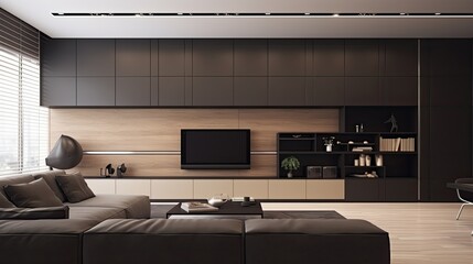 Design of luxury modern apartments. Bright living room in a mixed loft style in dark colors with panoramic windows.