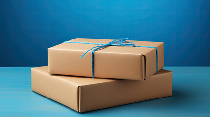 3d render of a stack of boxes, A small delivery carton on blue background 