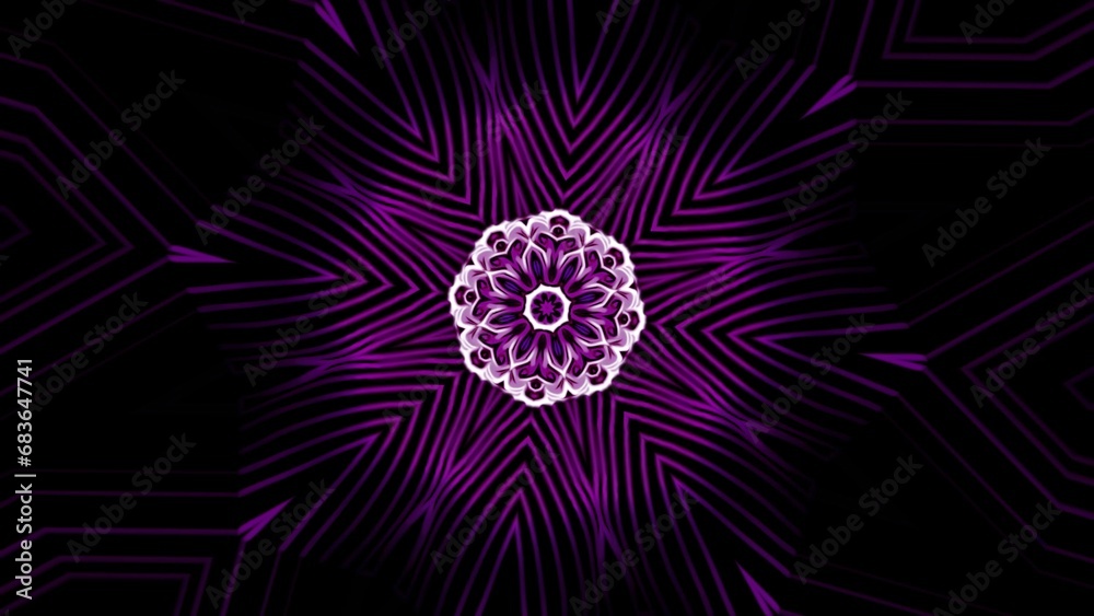 Poster pulsating mandala pattern with neon lines. design. floral pattern pulsates and shimmers on black bac
