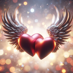 A pair of love hearts with wide spread angel wings, Love and Valentine's day 