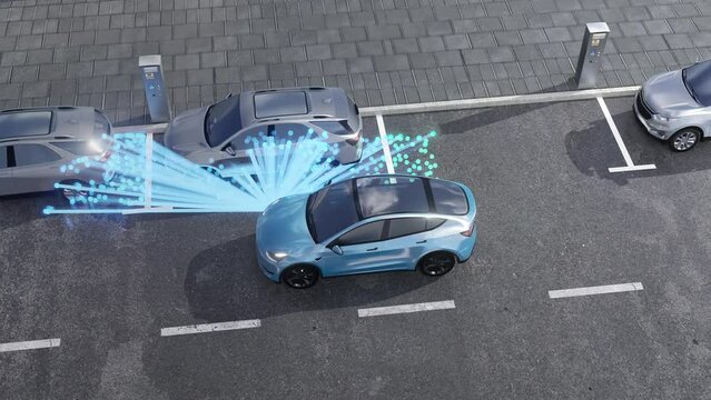 The concept autonomous parking system in parking lots without the need for manual control, equipped with sensors for detecting objects and nearby vehicles in all directions