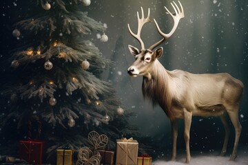 close up a reindeer standing near a Christmas tree