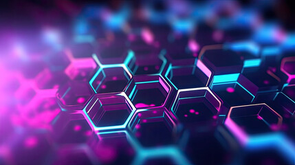 Fototapeta premium abstract futuristic background with pink blue glowing neon honeycomb and bokeh lights. abstract hexagon background, Abstract background hexagon pattern with glowing lights 