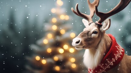 close up a reindeer standing near a Christmas tree