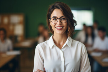 Teacher woman standing alone in classroom with blurred background. Generative AI.