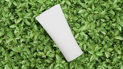 Top view of blank cosmetic cream tube product on green leaves 3d rendering mockup
