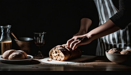 close up hands cutting homemade artisan bread - obrazy, fototapety, plakaty