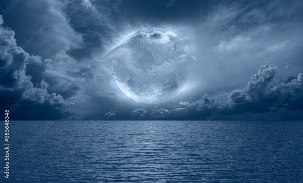 Poster Night sky with full bright moon in the clouds 