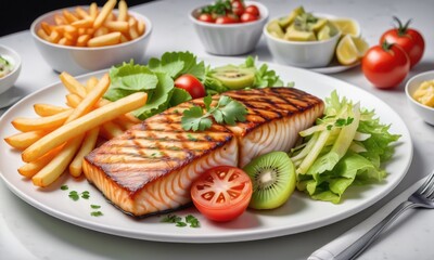 Fish steak with french fries, kiwi, lettuce, carrots