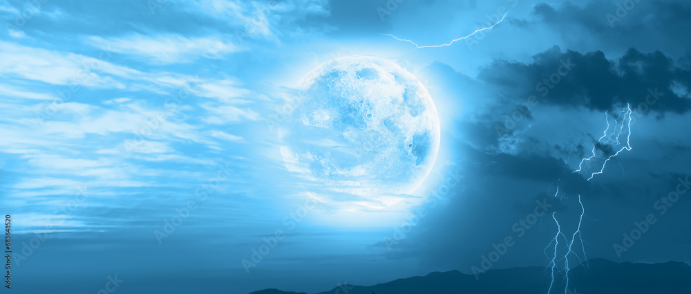 Wall mural lightning strikes between clouds with full moon at night 