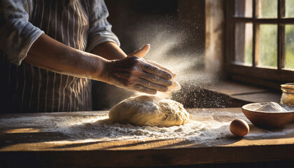 closeup hands with homemade dough and flour, bakery - obrazy, fototapety, plakaty
