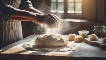 Papier Peint photo Lavable Boulangerie closeup hands with homemade dough and flour, bakery
