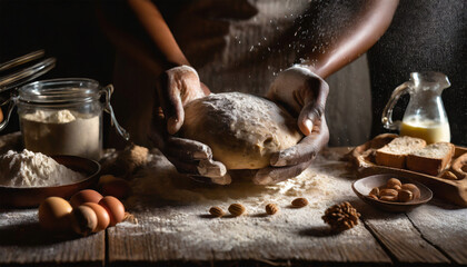 closeup hands with homemade dough and flour, bakery