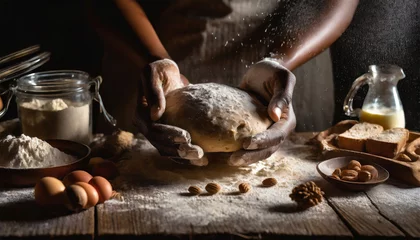 Papier Peint photo Lavable Boulangerie closeup hands with homemade dough and flour, bakery