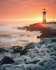 Fototapeta na wymiar Christmas morning sunrise over a coastal town with a lighthouse