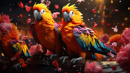 A Flock Of Parrots In The Colors Of The Rainbow With Open Wings Blurry Background
