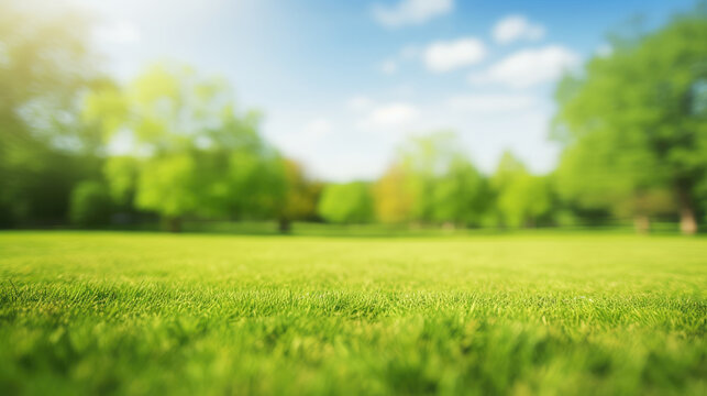  Beautiful blurred background image of spring nature with  trees and blue sky with clouds on a bright sunny day. 