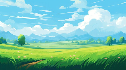  Summer fields, hills landscape, green grass, blue sky with clouds, flat style cartoon painting illustration.