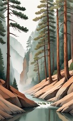 Watercolor Painting of Pine Trees Gracing the Banks of a Meandering Canyon