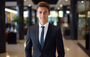 A handsome bank manager, dressed in a suit and with a background inside the bank, approaches you in a state of speaking