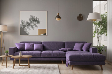 modern living room with purple sofa. Generative AI