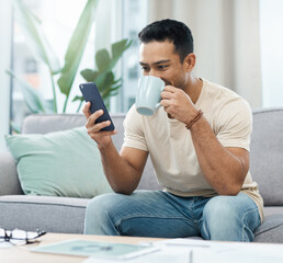 Man, phone and reading with coffee on sofa in home for taste of hot beverage. Asian person, texting...