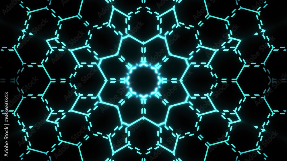 Poster neon mesh pattern with hexagons and moving lines. motion. floral luminous pattern with moving lines.