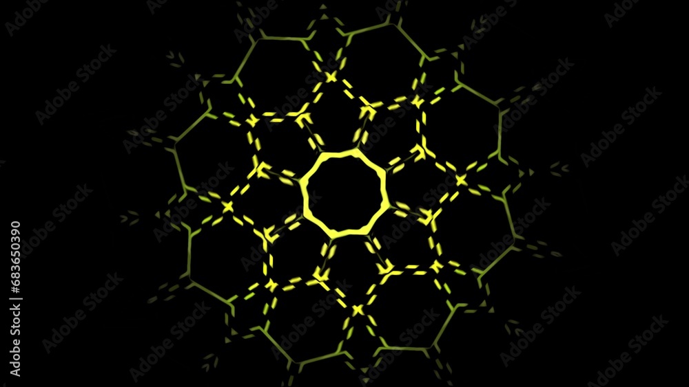 Poster lines move in floral pattern on black background. motion. colored lines move in ornamental pattern. 