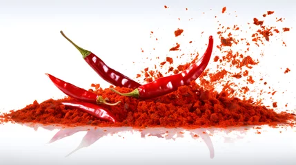 Poster Scharfe Chili-pfeffer Chili, red pepper flakes and chili powder burst isolated on white background.