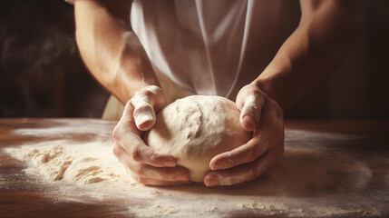 Close-up of baker's hands covered in flour kneading dough. Baker preparing dough for baking. - obrazy, fototapety, plakaty