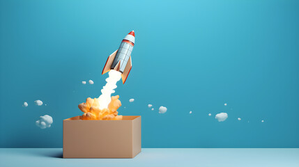 Rocket missle rising up outside the box . Powerful startup idea concept . This is a 3d render illustration . - obrazy, fototapety, plakaty