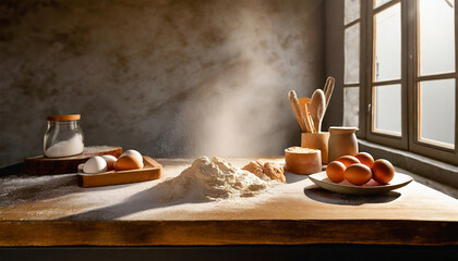 eggs, flour, and butter on wooden table for Baking homemade bread at cozy kitchen