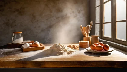 Papier Peint photo Lavable Pain eggs, flour, and butter on wooden table for Baking homemade bread at cozy kitchen