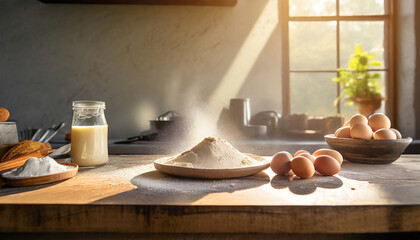 eggs, flour, and butter on wooden table for Baking homemade bread at cozy kitchen - obrazy, fototapety, plakaty